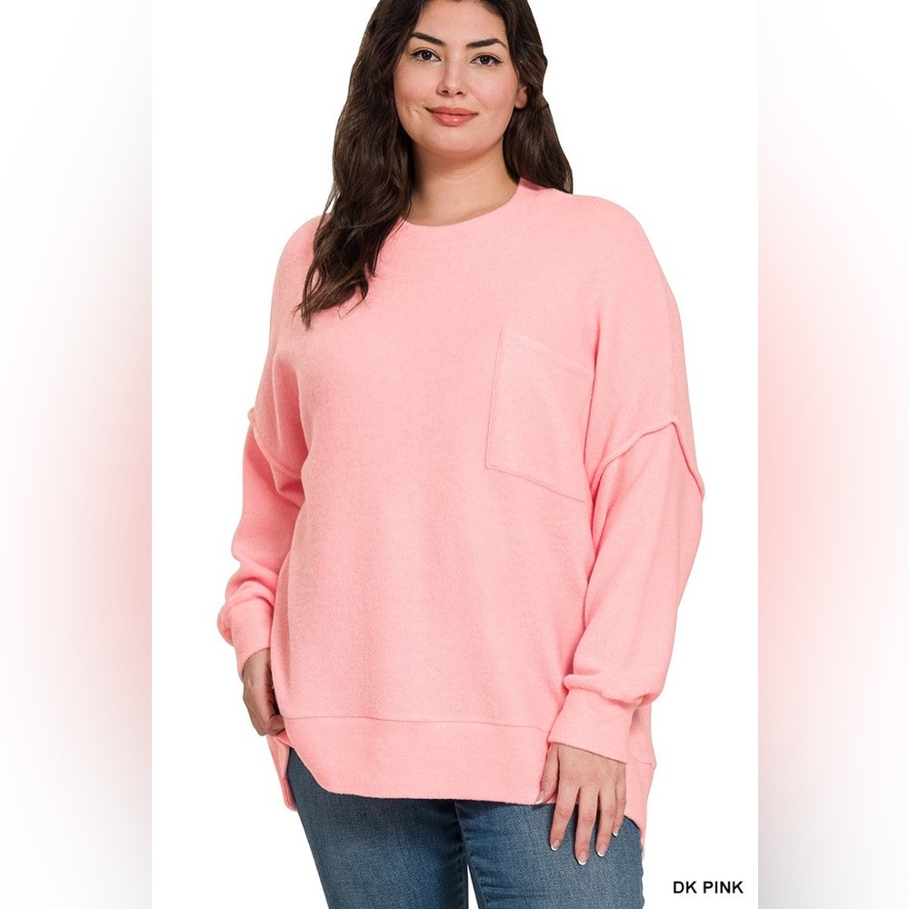 ZENANA PLUS Brushed Meglange Drop Shoulder Sweater Top- DK PINK